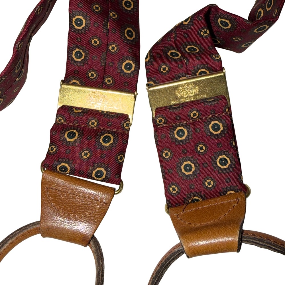 Vtg Albert Thurston Silk Braces Suspenders Made in England Medallion Maroon Gold